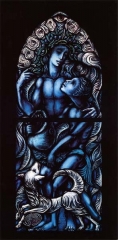 Raphael mit Tobias, In Memoriam B.L. 17.11.1991, Fenster in der Pfarrkirche St. Ludwig, Saarlouis (1992)