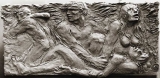 Abel, von Eva beweint, mit Adam und flüchtendem Kain, Altarrelief, Bronze, St. Sebastian, Püttlingen (1991)